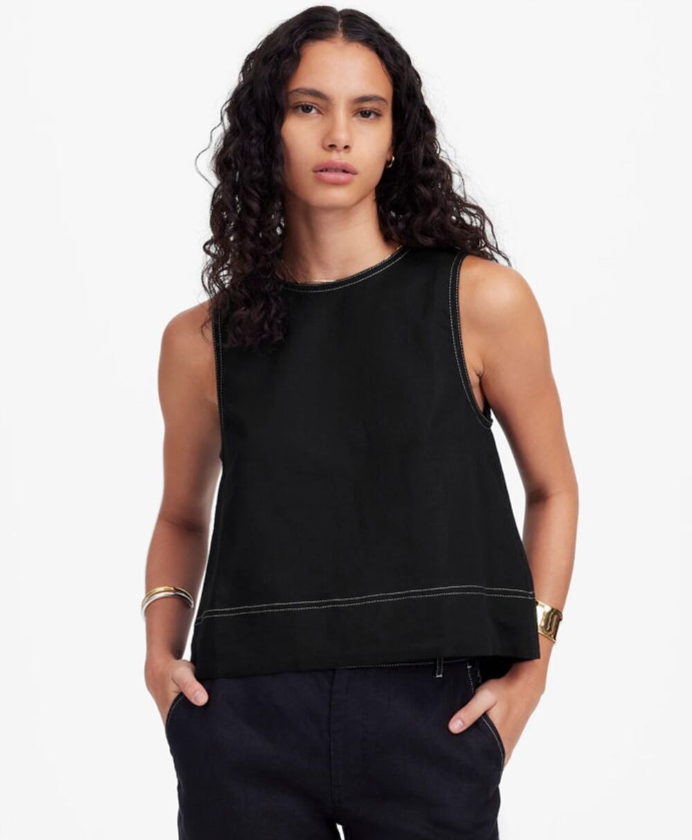 Madewell Linen Pleated Shell Top WMNS 2XS Black Sleeveless Swing Contrast Stitch